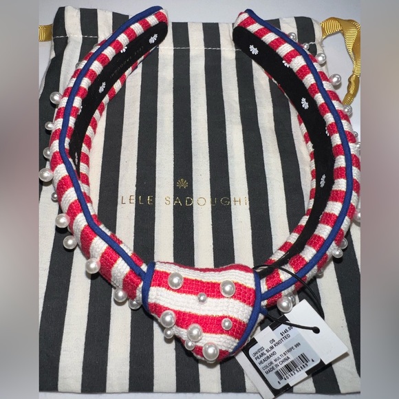 BNWT Lele Sadoughi Pearly Knotted Red Blue & White Stripe Headband $145 + $15tax main image 6